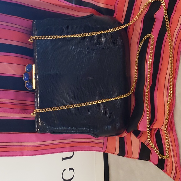 Gucci Vintage Rare Black Lizzard LAPIS STONE Beads Shoulder Clutch Bag GORGEOUS! - Picture 2 of 15